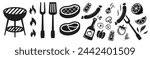 barbeque grill icon bundle, fire, bbq, barbecue meat, sausage fork party icon set