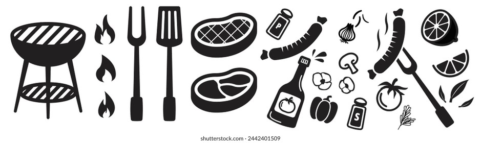 barbeque grill icon bundle, fire, bbq, barbecue meat, sausage fork party icon set