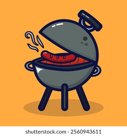 Barbeque Grill icon. Lineal color style on premium design. Cartoon doodle flat colourful line. Vector illustration. 