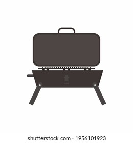 Barbeque grill icon. Portable grill with open lid isolated on white background. Metal cooking equipment for frying meat and vegetables. Picnic outdoor family fun concept. Vector cartoon chef