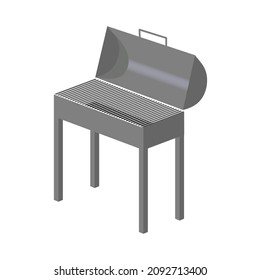 Barbeque grill icon. Portable grill with open lid isolated on white background. Metal cooking equipment for frying meat and vegetables. Picnic outdoor family fun concept.