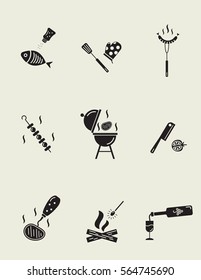 Barbeque and grill icons collection. Black silhouettes.  Cooking process.