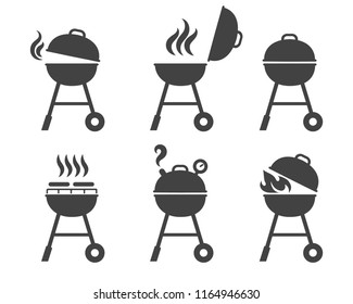 Barbeque grill icons. Vector bbq and grilling symbols, brazier and roaster silhouettes