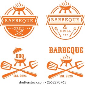 Conjunto de vetor de logotipo de churrasqueira e churrasqueira - Emblemas de churrasco retro com churrasqueira, utensílios, fogo e est. Elementos 2025