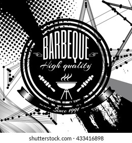 Barbeque, grill on abstract background. Retro vintage badges, ribbons and labels, hipster signboard. Vector, illustration. Black and white.