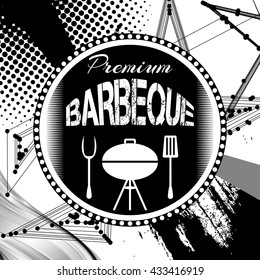 Barbeque, grill on abstract background. Retro vintage badges, ribbons and labels, hipster signboard. Vector, illustration. Black and white.