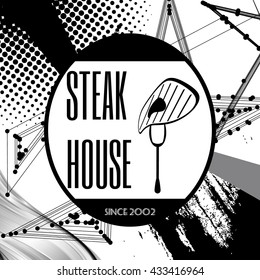 Barbeque, grill on abstract background. Retro vintage badges, ribbons and labels, hipster signboard. Vector, illustration. Black and white.