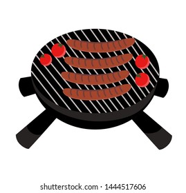 Barbeque grill with sausages and tomatoes. Vector. Bbq.