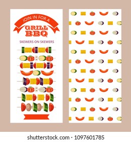 The barbeque grill. Set of kebabs with vegetables. Corn, zucchini, eggplant, mushrooms, tomatoes. Kebab with sausages and zucchini.  Flyer barbecue party. The reverse side of the flyer with a pattern 