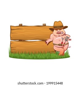 Barbeque grill - Smiling hog in cowboy hat, with a skimmer and spoon, near the wooden sign