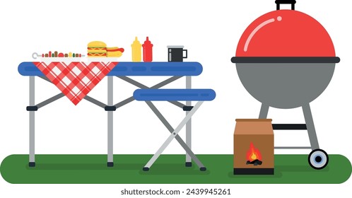 Barbeque grill and table with food. Outdoor scene