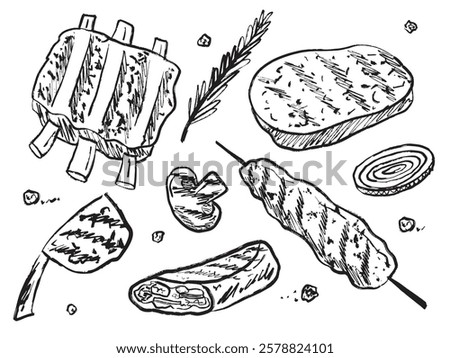 Barbeque grilled meat drawing isolated on white background. Hand drawn vector sketch illustration in vintage charcoal ink style. Rosemary, pepper, ribs, steak, shawarma, kebab, mushroom