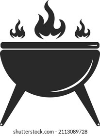 Barbeque icon. Grill bowl with fire. Side view