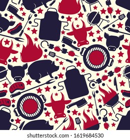 Barbeque icons seamless pattern, vector illustration. Barbecue wrapping paper print, flat style grill emblems, isolated labels. BBQ party accessories, cookout equipment for roasting meat, kebab, steak