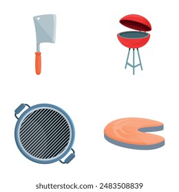 Barbeque icons set cartoon vector. Barbecue tool and grilled product. Picnic, grill party
