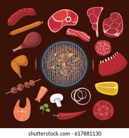 Barbeque ingredients set. Cartoon icons collection for BBQ