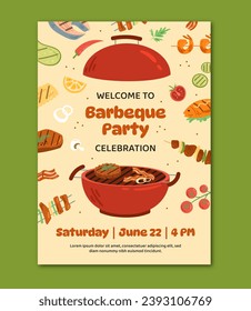 Barbeque invitation postcard. BBQ red grill. Party and event advertisng. Meat and kebab. Picnic and eating outdoor. Cartoon flat vector illustration isolated on green background