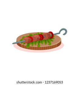 Barbeque kebabs on skewers on a plate, Bulgarian cuisine national food dish vector Illustration on a white background