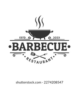 Barbeque logo. BBQ icon or label. Grill bar, restaurant, steak house vintage badge design with grill fork and spatula. Vector illustration.