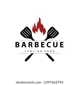 Barbeque logo design bar restaurant hot grill fire logo and spatula simple illustration