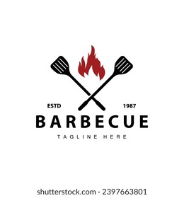 Barbeque logo design bar restaurant hot grill fire logo and spatula simple illustration