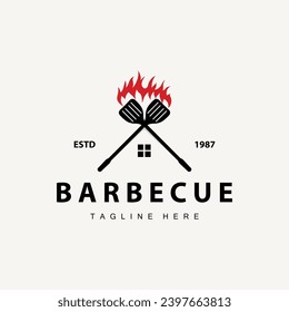 Barbeque logo design bar restaurant hot grill fire logo and spatula simple illustration