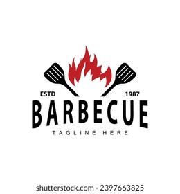 Barbeque logo design bar restaurant hot grill fire logo and spatula simple illustration