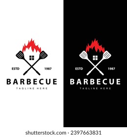 Barbeque logo design bar restaurant hot grill fire logo and spatula simple illustration
