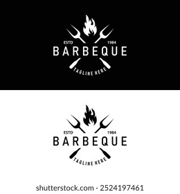 Barbeque logo design bar restaurant hot grill fire logo and spatula simple illustration