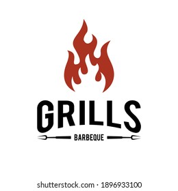 Barbeque logo design. grill food, fire, and spatula concept template Vector flat illustration