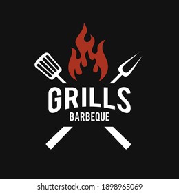 Barbeque logo design. grill food, fire, and spatula concept template Vector flat illustration