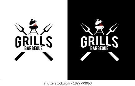 Barbeque logo design. grill food, fire, and spatula concept template Vector flat illustration