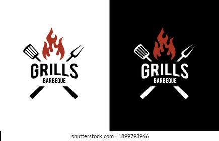 Barbeque logo design. grill food, fire, and spatula concept template Vector flat illustration