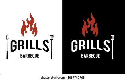 Barbeque logo design. grill food, fire, and spatula concept template Vector flat illustration