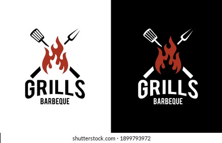 Barbeque logo design. grill food, fire, and spatula concept template Vector flat illustration