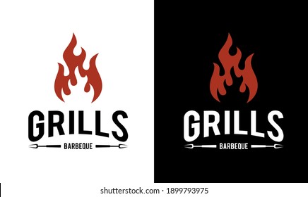 Barbeque logo design. grill food, fire, and spatula concept template Vector flat illustration