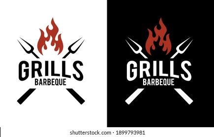 Barbeque logo design. grill food, fire, and spatula concept template Vector flat illustration