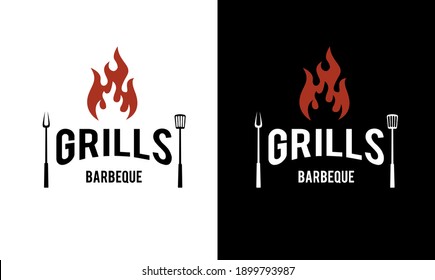 Barbeque logo design. grill food, fire, and spatula concept template Vector flat illustration