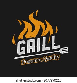 Barbeque logo design. grill food, fire, and spatula concept template Vector flat illustration