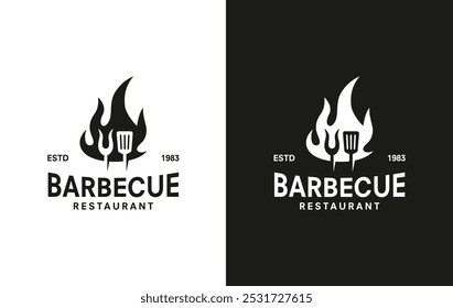 Barbeque logo design. grill food, fire, and spatula concept template Vector flat illustration