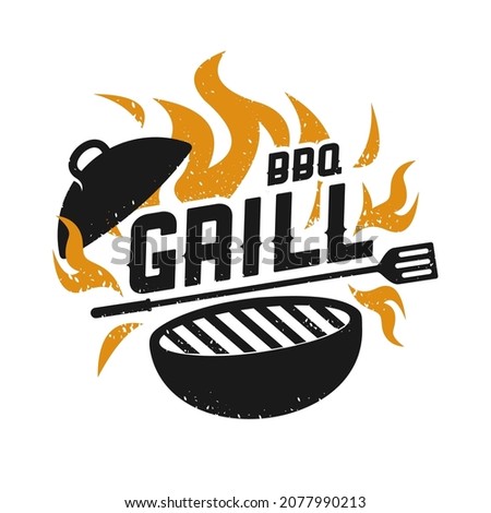 Barbeque logo design. grill food, fire, and spatula concept template Vector flat illustration