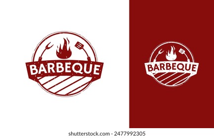 Diseño de logotipo de barbacoa. Símbolo de parrilla con fuego, espátula y concepto de tenedor. Vector de insignia de Antiguas BBQ