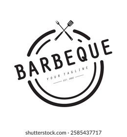 Barbeque logo design. Grill symbol with fire, spatula, and fork concept. Vintage BBQ badge vector