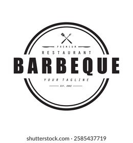 Barbeque logo design. Grill symbol with fire, spatula, and fork concept. Vintage BBQ badge vector