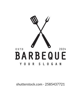 Barbeque logo design. Grill symbol with fire, spatula, and fork concept. Vintage BBQ badge vector