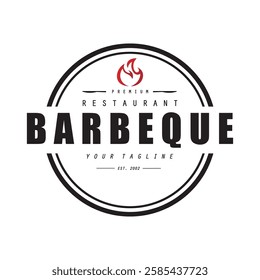 Barbeque logo design. Grill symbol with fire, spatula, and fork concept. Vintage BBQ badge vector