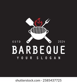 Barbeque logo design. Grill symbol with fire, spatula, and fork concept. Vintage BBQ badge vector