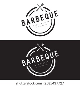 Barbeque logo design. Grill symbol with fire, spatula, and fork concept. Vintage BBQ badge vector