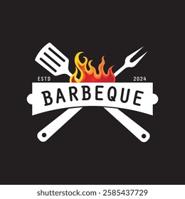 Barbeque logo design. Grill symbol with fire, spatula, and fork concept. Vintage BBQ badge vector