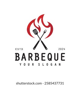 Barbeque logo design. Grill symbol with fire, spatula, and fork concept. Vintage BBQ badge vector